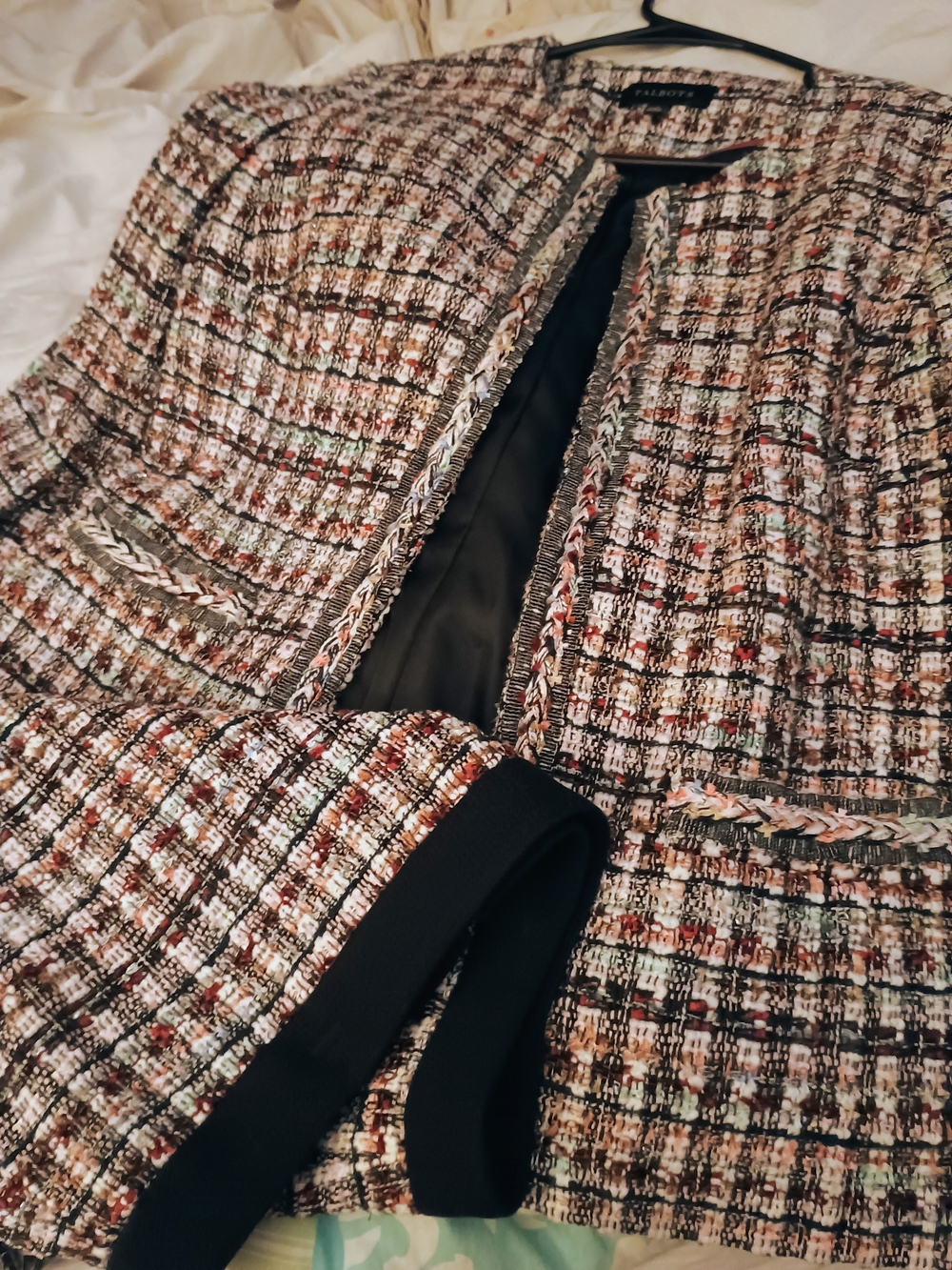 Talbots Multicolor Tweed Jacket w/ Black Trim And Matching Skirt, Complete Suit